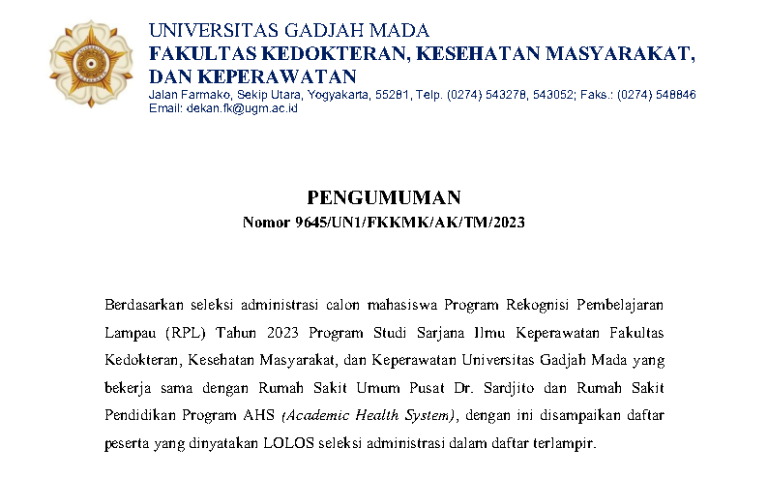 Pengumuman Hasil Seleksi Administrasi Penerimaan Mahasiswa Baru Rekognisi Pembelajaran Lampau (RPL) Tahun 2023