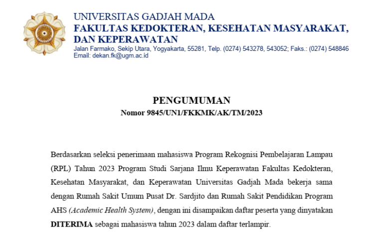 Pengumuman Diterima Mahasiswa Baru Rekognisi Pembelajaran Lampau (RPL) Tahun 2023