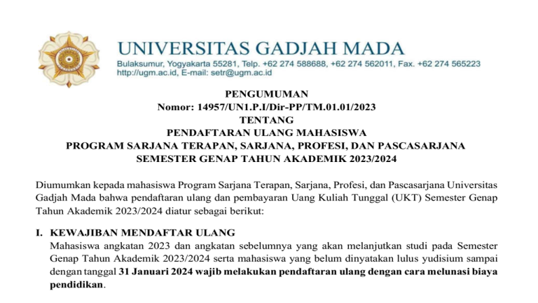 Pendaftaran Ulang Mahasiswa Program Sarjana Terapan, Sarjana, Profesi, Pasca Sarjana Semester Genap Tahun Akademik 2023/2024